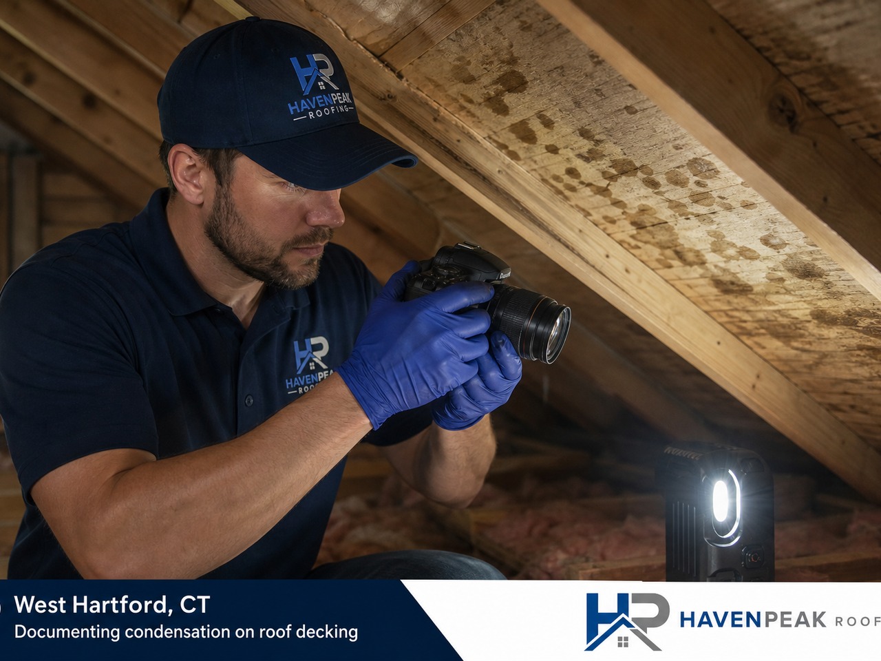 HavenPeak Roofing specialist documenting condensation damage near roof decking