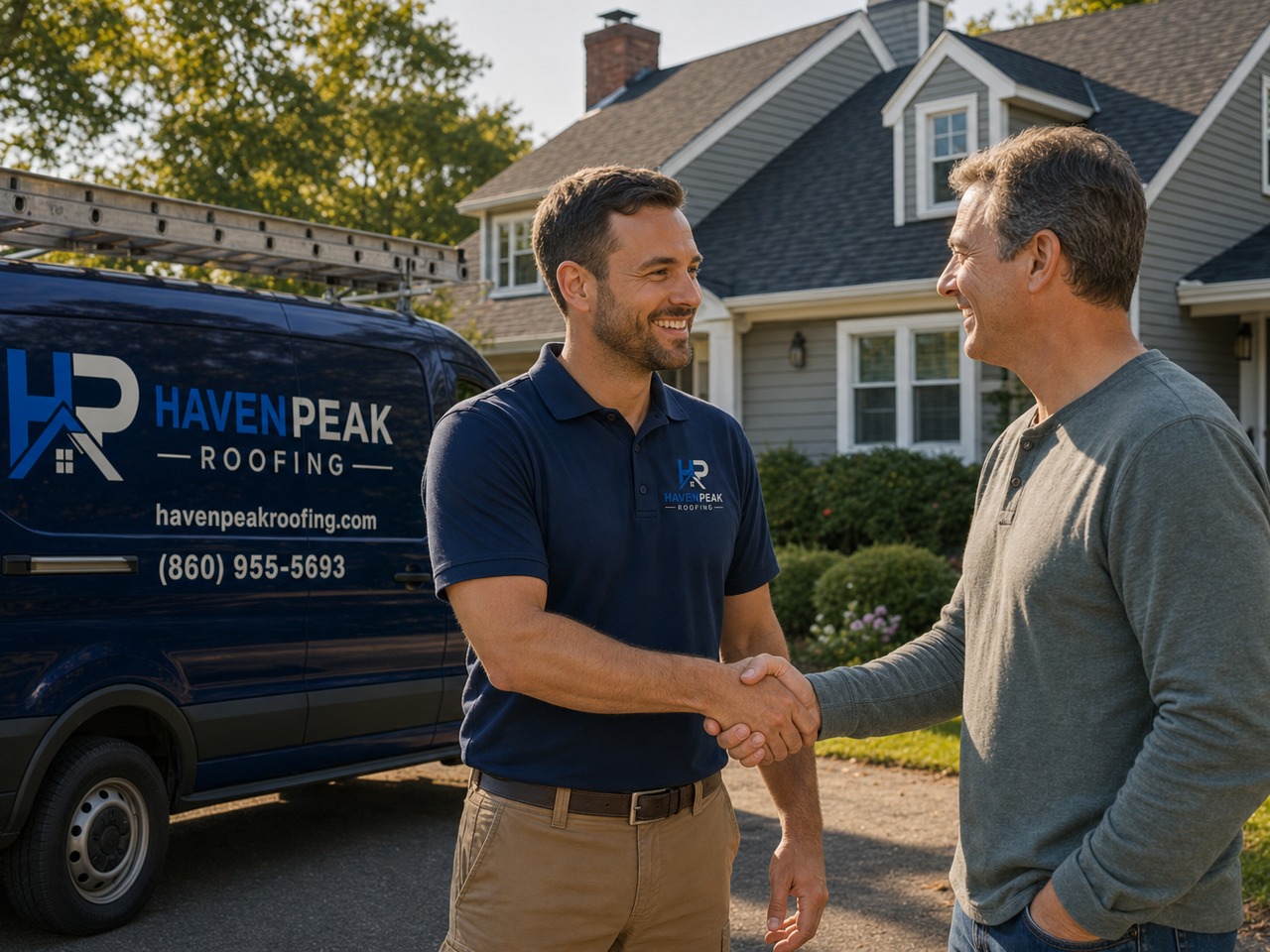 HavenPeak Roofing professional handshake with satisfied customer at a completed job site