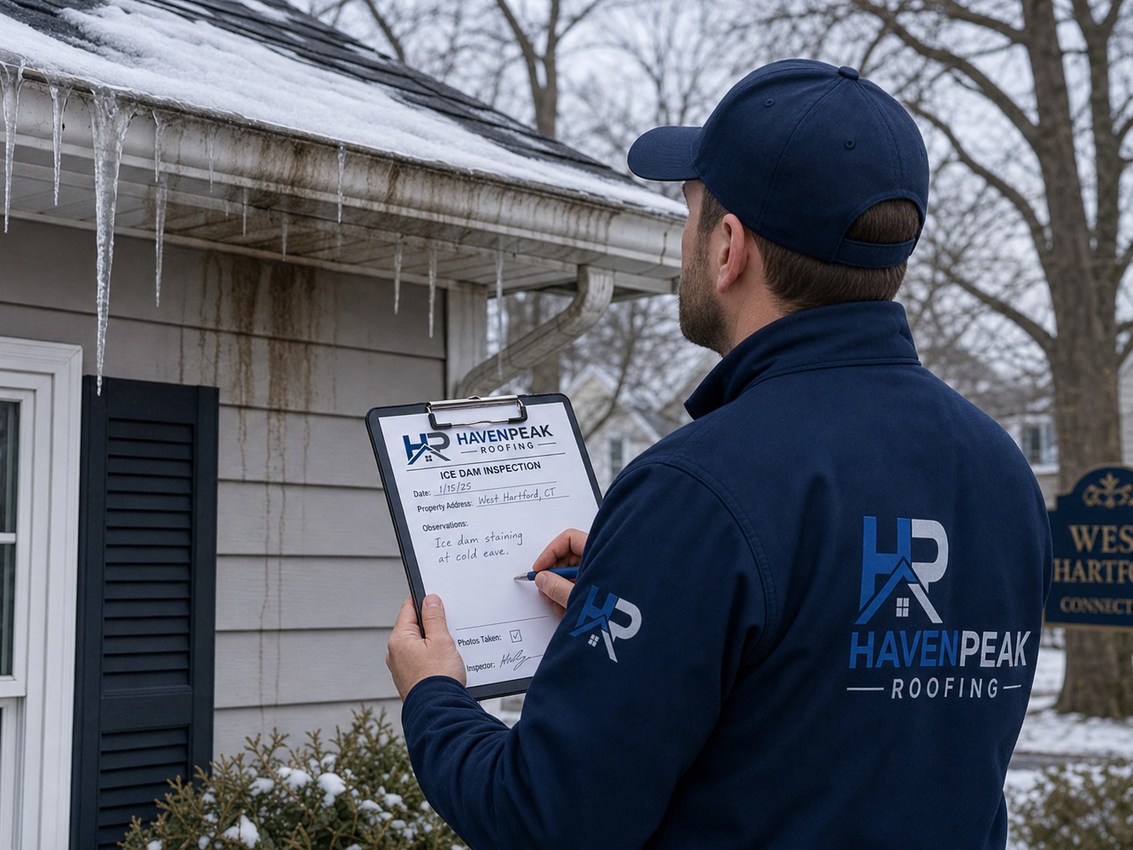 HavenPeak Roofing specialist documenting ice dam staining near a cold eave in Hartford County