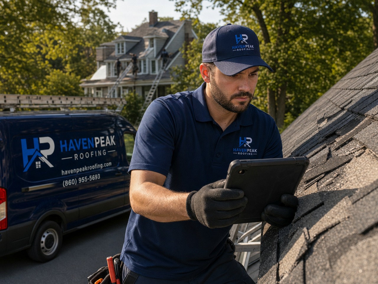 HavenPeak Roofing technician photographing nor'easter roof damage for an insurance report