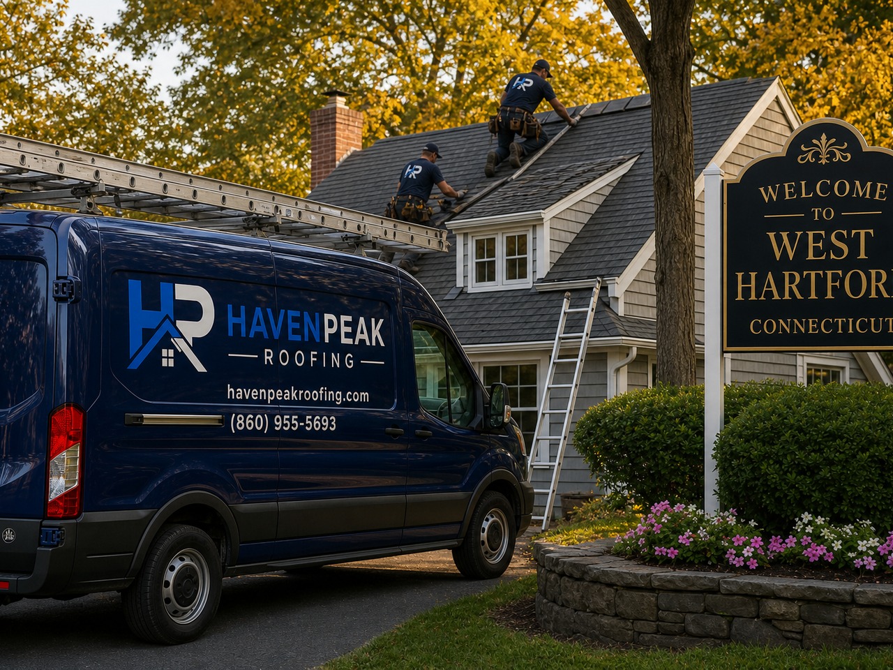 HavenPeak Roofing crew securing ridge caps before Connecticut winter weather